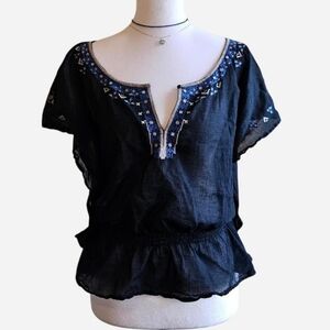 American Eagle Outfitters Black Blouse with Blue Embroidery